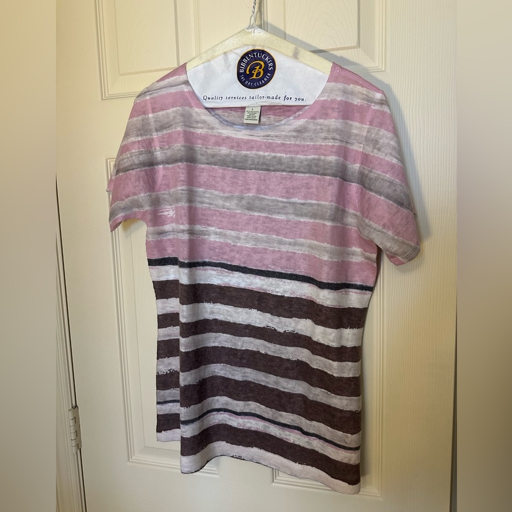 Orvis Pink and Brown Striped T-Shirt sweater L